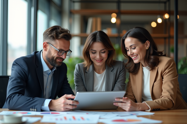 Groupe de professionnels autour d'une table avec un graphique digital