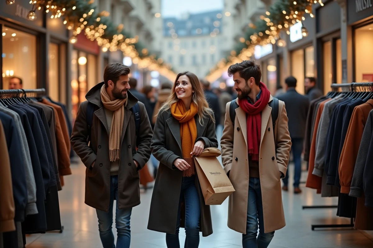 Groupe de clients dans un centre commercial parisien en automne