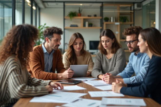 Groupe diversifié en réunion dans un bureau moderne