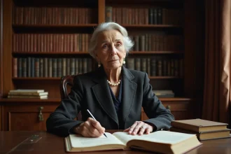 Femme âgée élégante assise à un bureau en acajou dans une bibliothèque parisienne, évoquant l'héritage intellectuel et patrimonial