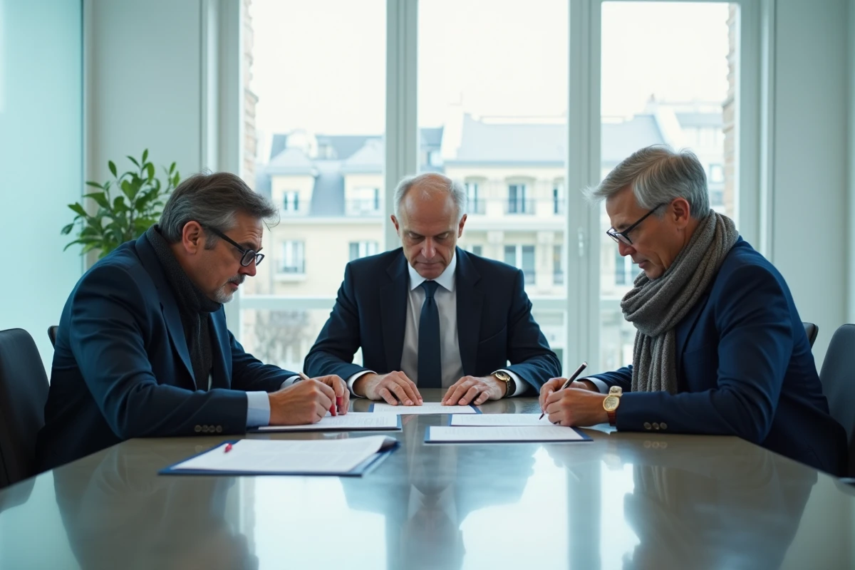 Trois héritiers adultes réunis autour d'une table de notaire pour étudier des documents de succession