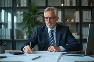 Homme d'affaires en costume dans un bureau avec documents