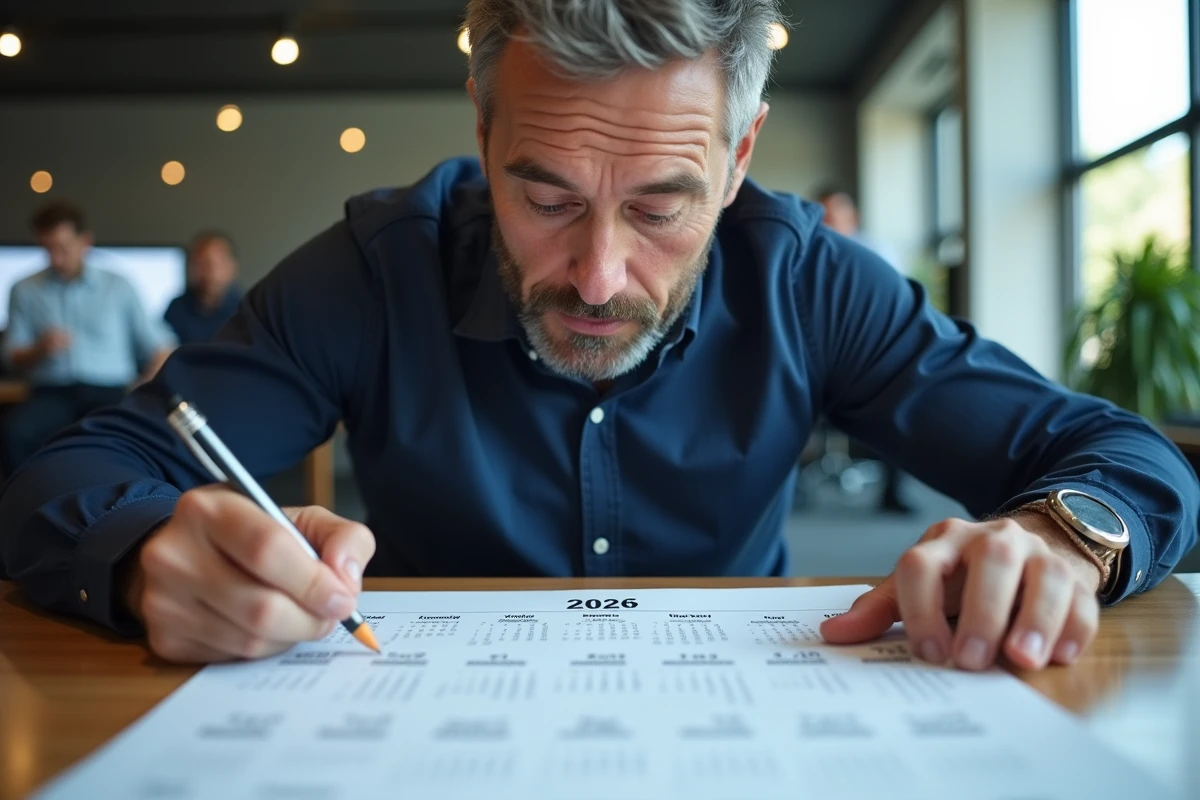 Homme consultant un calendrier annuel 2026 posé sur un bureau pour identifier les semaines impaires