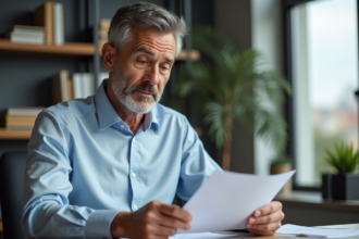 Homme d'âge moyen dans un bureau moderne en train de revoir ses documents