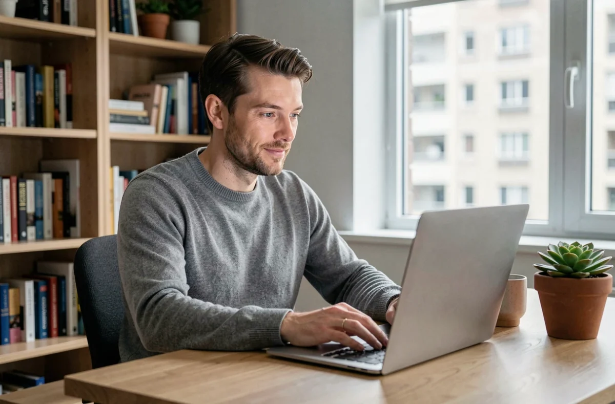 Homme seul à son bureau consulte un site de rencontre gratuit sur ordinateur portable depuis chez lui