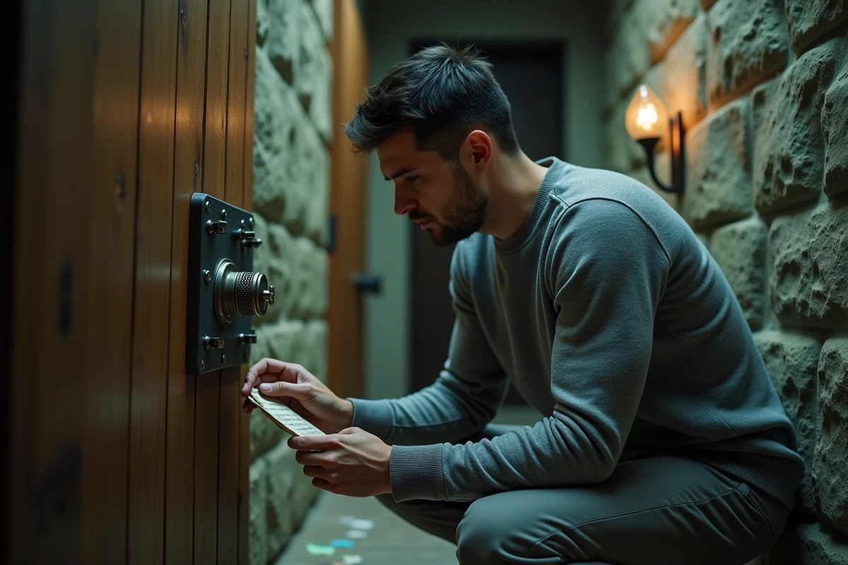 Homme déchiffrant un cadenas à combinaison dans un couloir d'escape game avec un indice en main