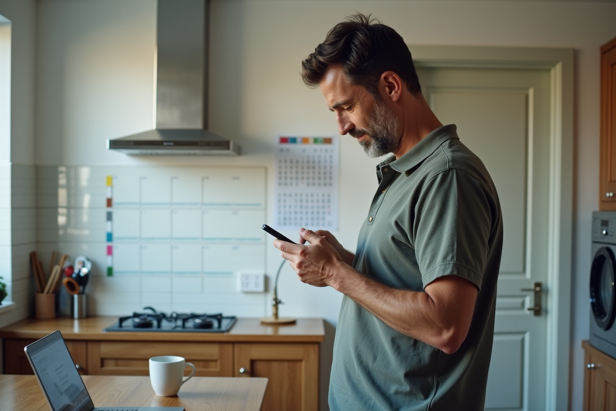 Homme regardant un calendrier dans une cuisine lumineuse