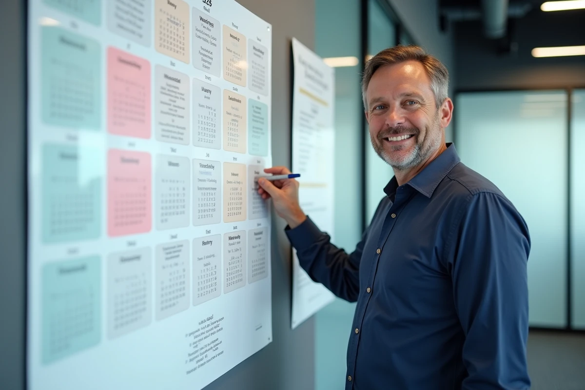 Homme en bureau moderne pointant un calendrier mural 2026 avec semaines paires et impaires colorées, organisation professionnelle