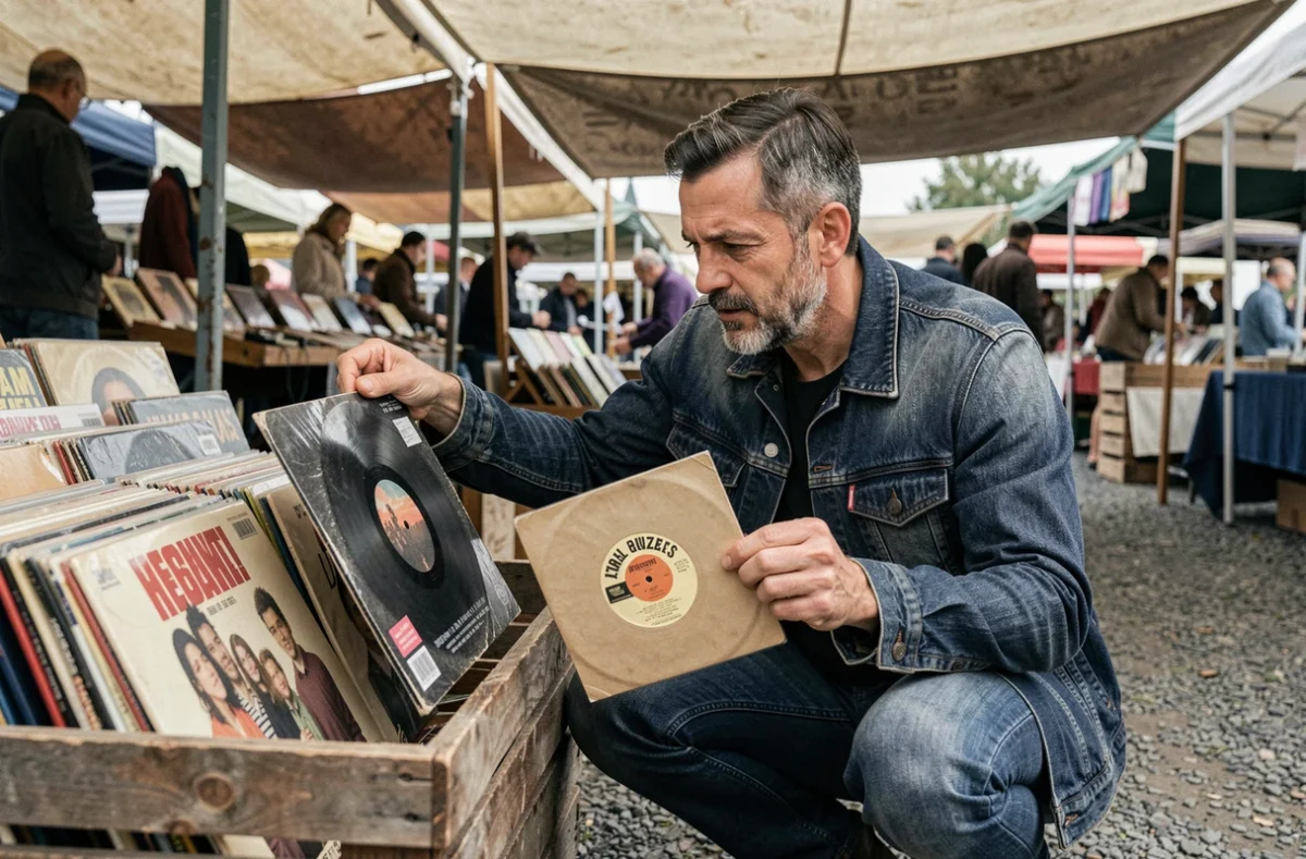Homme comparant la taille d'un album vinyle 33 tours et d'un single 45 tours dans un marché aux puces en plein air