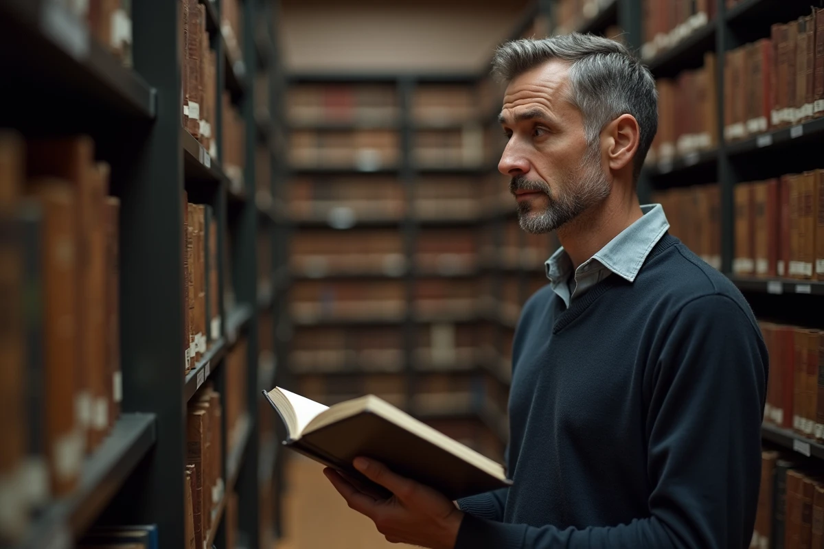 Homme consultant un ouvrage de référence sur l'orthographe française dans une bibliothèque