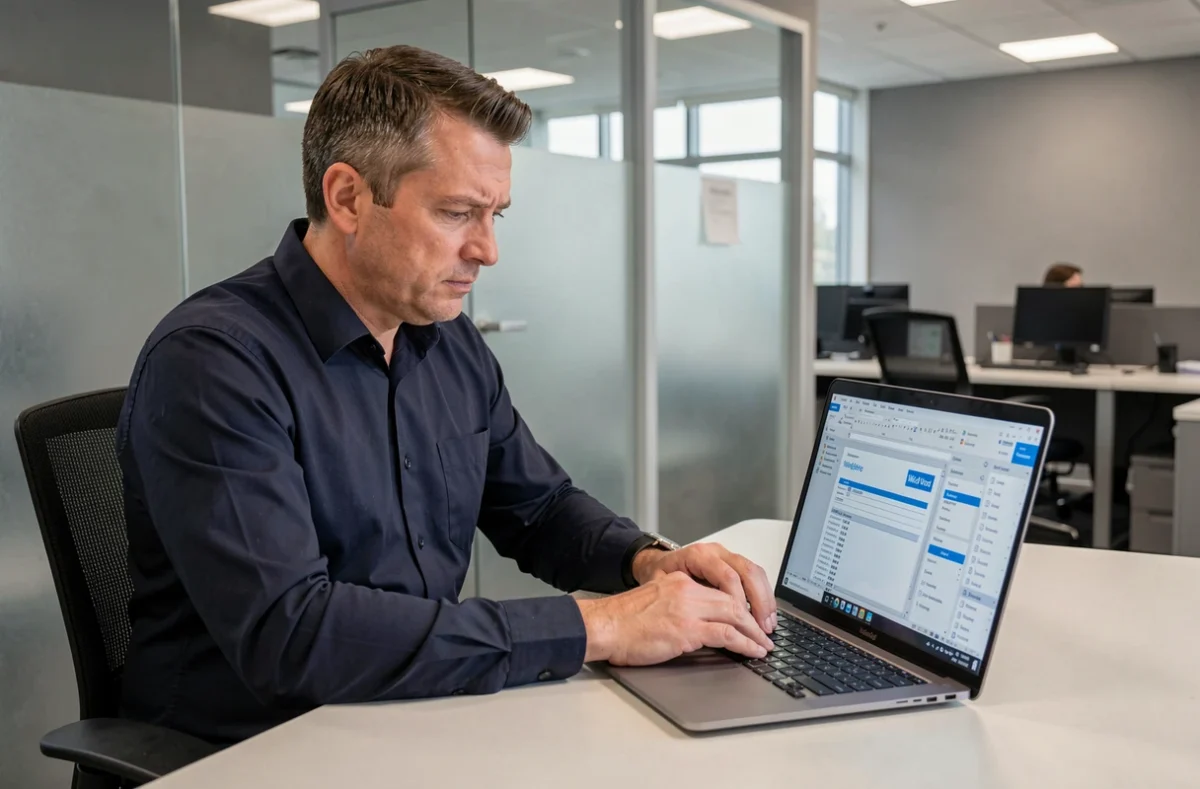 Homme travaillant sur un modèle de bulletin de vote Word sur un ordinateur portable au bureau