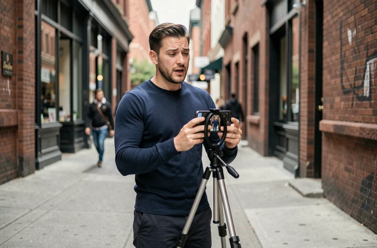 Homme filmant une Instagram Story en extérieur en milieu urbain pour développer sa marque personnelle sur les réseaux sociaux