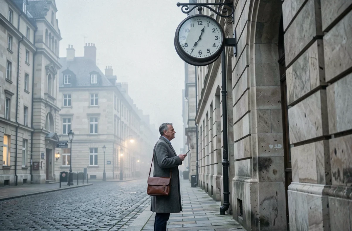 Homme observant une horloge ancienne affichant 11h01 dans une rue pavée au lever du jour