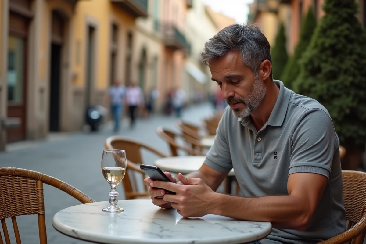 Homme consultant l'indicatif téléphonique +34 de l'Espagne sur son téléphone dans un café
