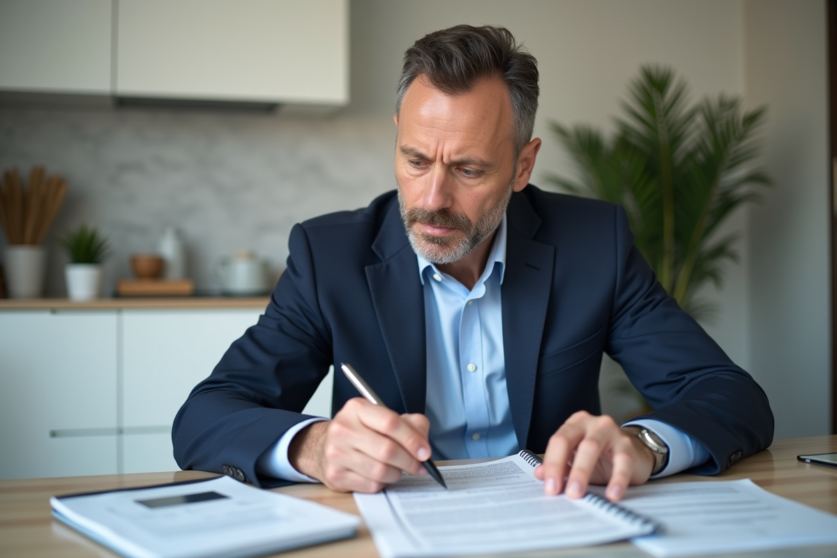 Homme d'âge moyen en costume bleu examine des documents de prêt immobilier