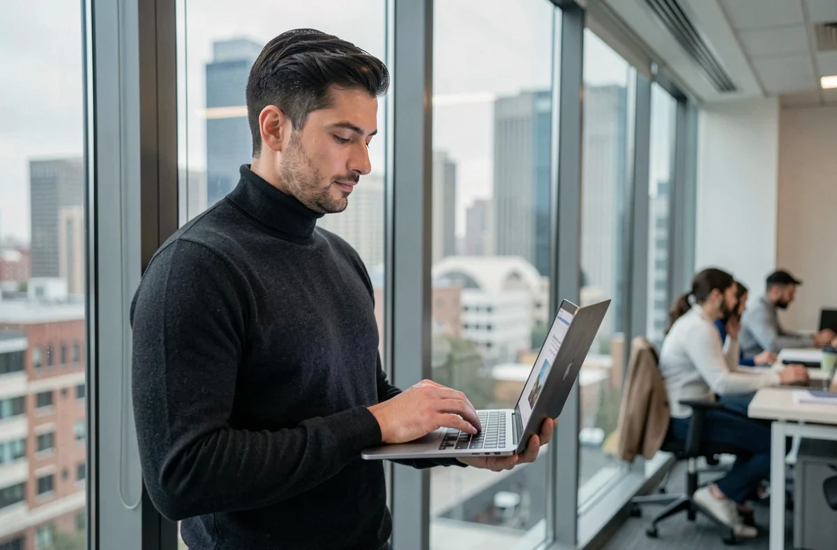 Homme consultant un magazine culturel en ligne sur laptop dans un espace de coworking contemporain