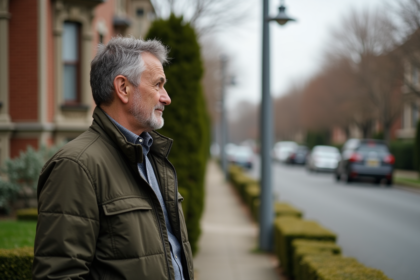 Homme regardant une maison à vendre dans un quartier résidentiel