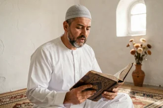 Homme en thobe blanc récitant le Coran en méditation silencieuse sur un tapis de prière, illustrant la sourate Al-Mulk