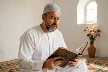 Homme en thobe blanc récitant le Coran en méditation silencieuse sur un tapis de prière, illustrant la sourate Al-Mulk
