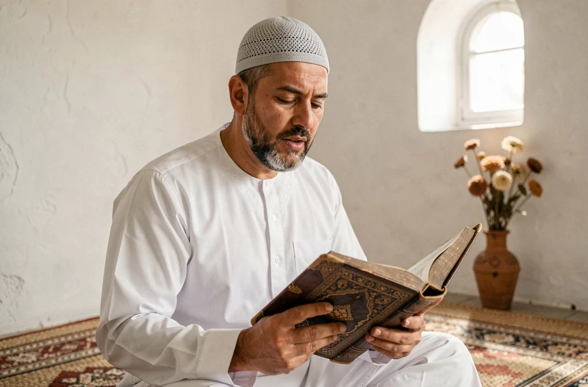 Homme en thobe blanc récitant le Coran en méditation silencieuse sur un tapis de prière, illustrant la sourate Al-Mulk