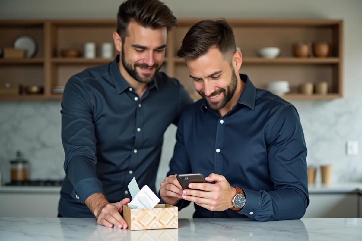 Homme organisant des cartes cadeaux dans une boîte décorative tout en consultant une application de suivi de cadeaux sur smartphone dans une cuisine moderne