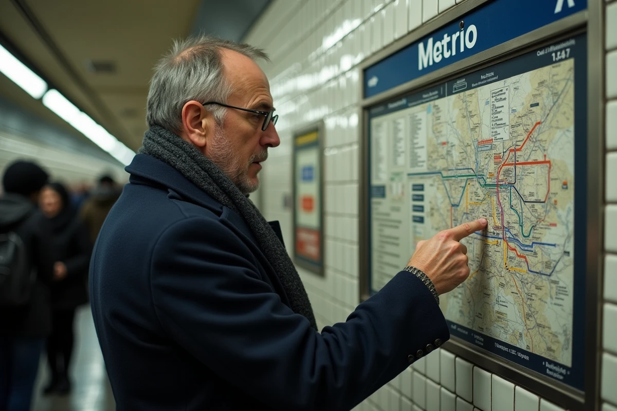 Homme d'âge moyen étudiant une carte du métro parisien