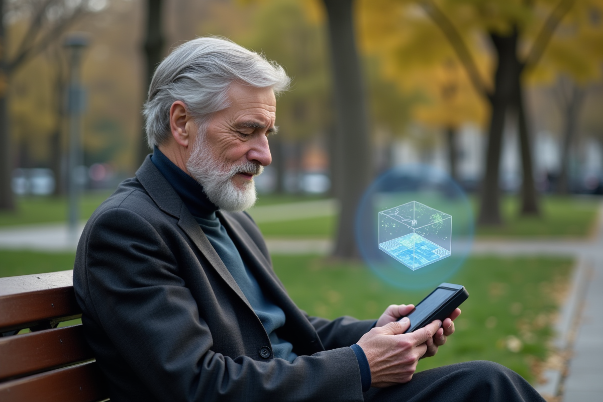 Homme âgé utilisant une tablette avec carte 3D dans un parc