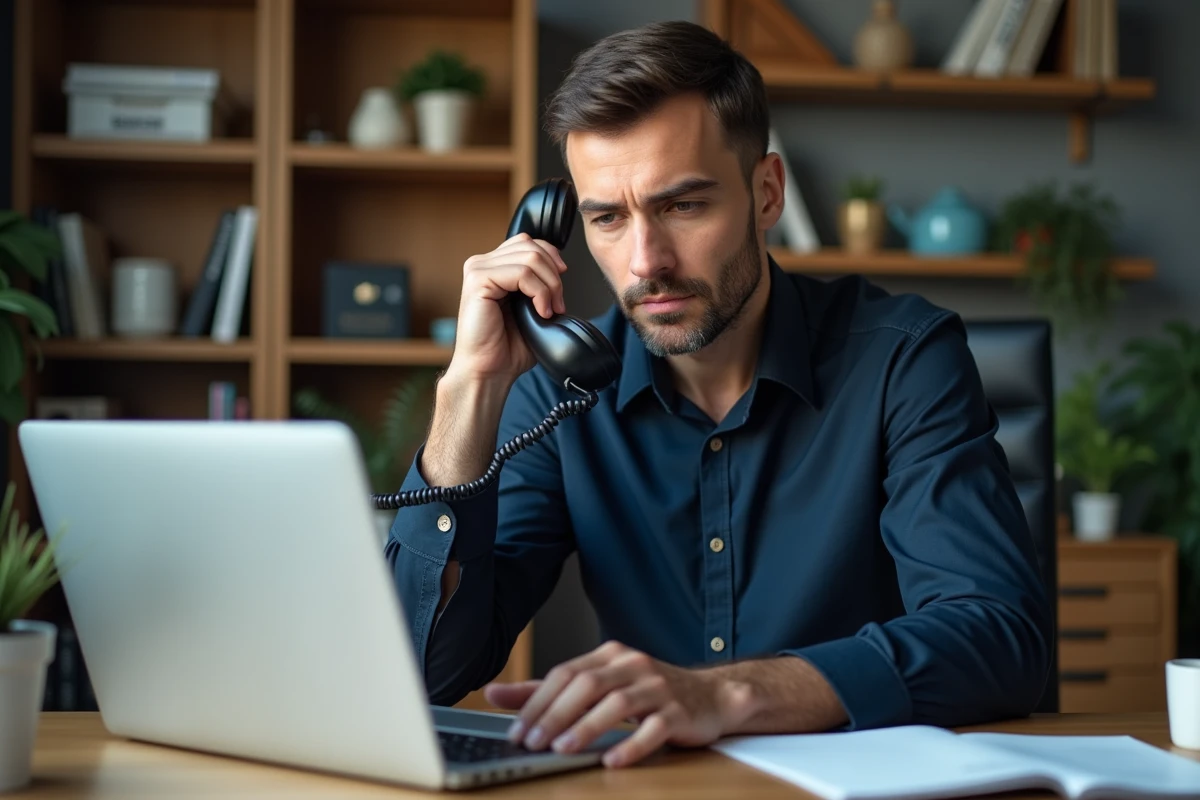 Homme vérifiant un numéro de téléphone surtaxé sur un ordinateur portable dans un bureau à domicile
