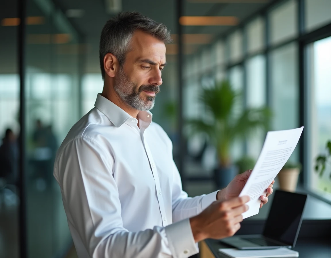Homme en bureau d'entreprise relisant attentivement une lettre de remerciement professionnelle imprimée