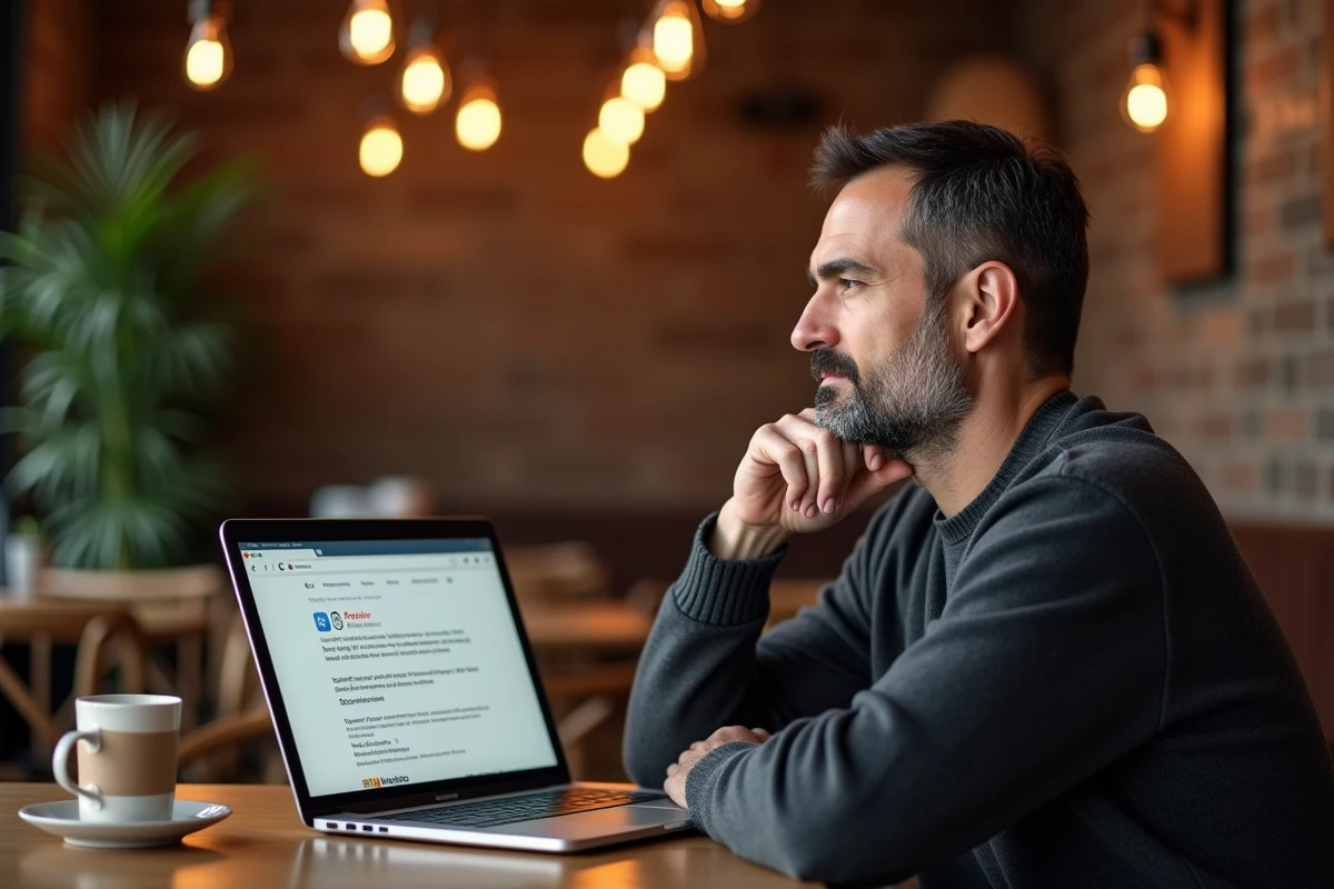 Homme d'affaires réfléchissant à sa réputation en ligne dans un café avec un ordinateur portable