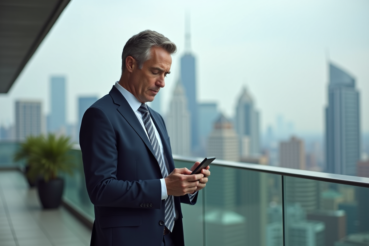 Homme en costume regardant son smartphone avec la ville en arrière-plan