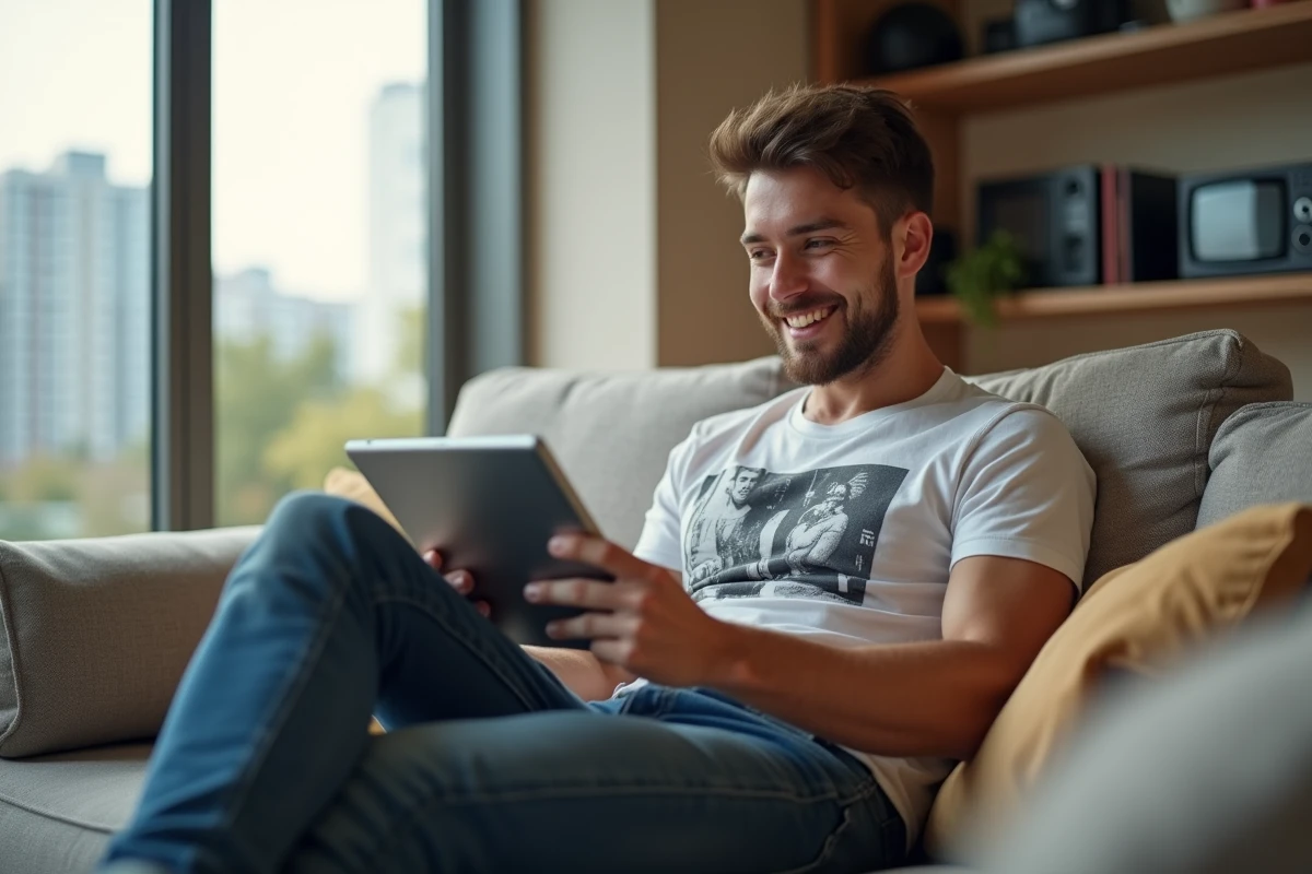 Jeune homme sur canapé découvrant une fonctionnalite logiciel