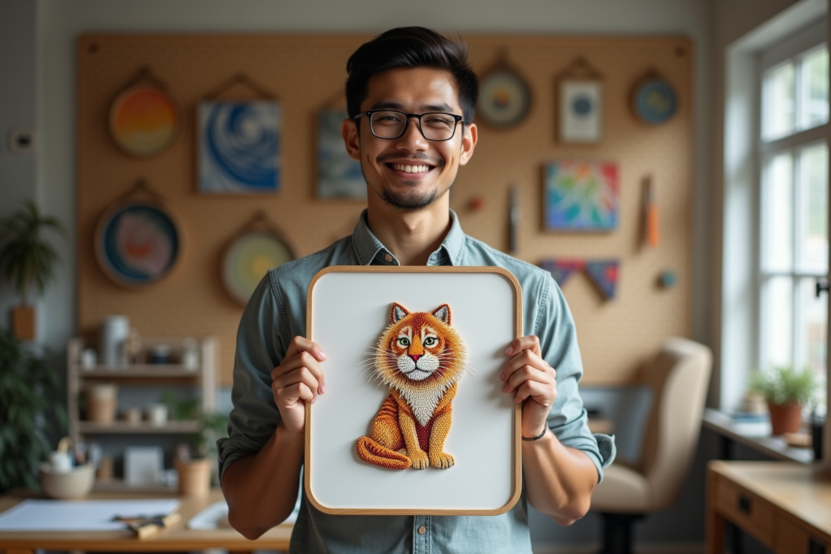 Homme souriant montrant son œuvre de diamant 5D dans un atelier lumineux