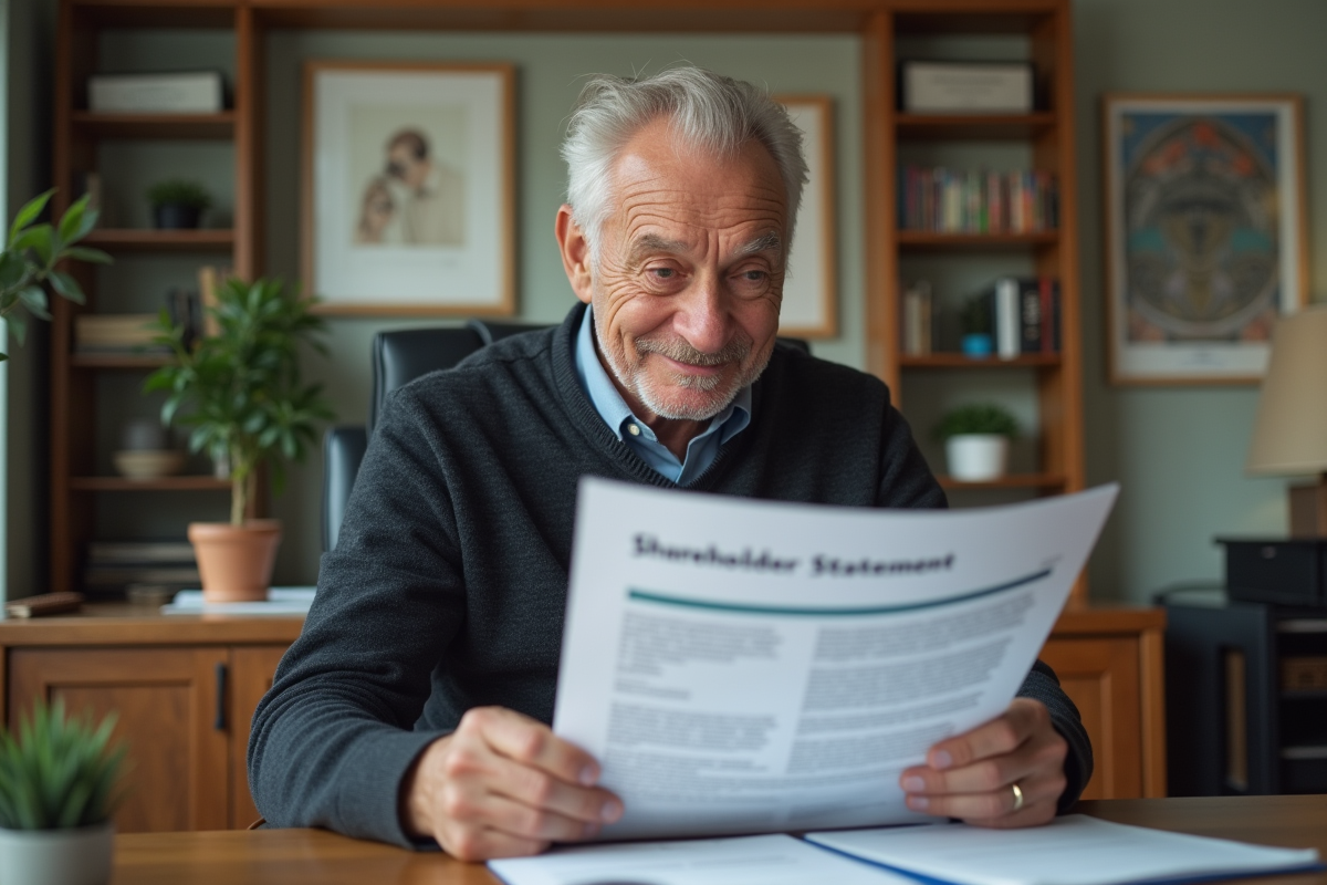 Homme senior examine un document dans un bureau à domicile