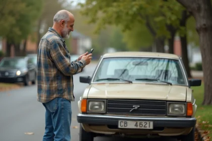 Homme souriant prenant en photo une vieille voiture pour une annonce