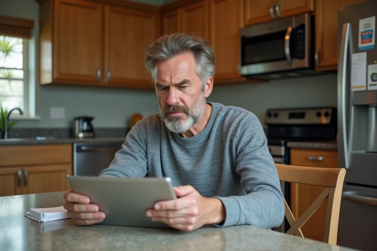 Homme d'âge moyen utilisant une tablette dans sa cuisine moderne