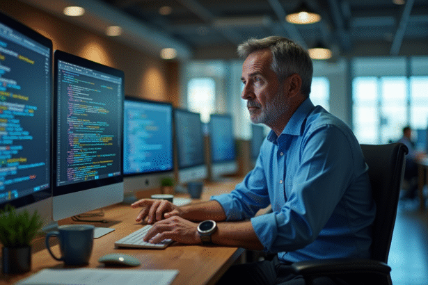 Homme d'âge moyen au bureau regardant un écran de code quantique