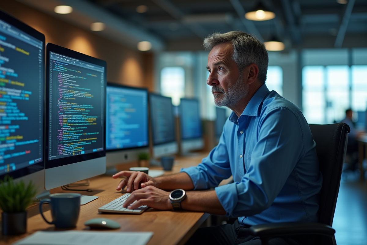 Homme d'âge moyen au bureau regardant un écran de code quantique