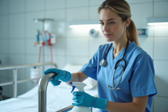 Infirmière en blouse bleue désinfectant un lit d'hôpital
