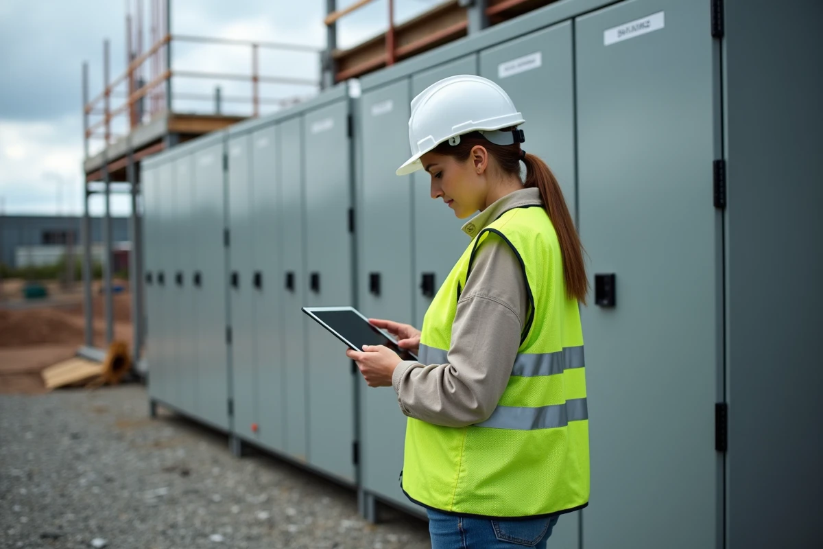 Ingénieure électricienne consultant un schéma de calibrage de disjoncteur triphasé sur chantier extérieur