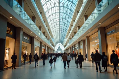 Intérieur du centre commercial Tour Montparnasse avec visiteurs sur plusieurs niveaux et ambiance urbaine parisienne