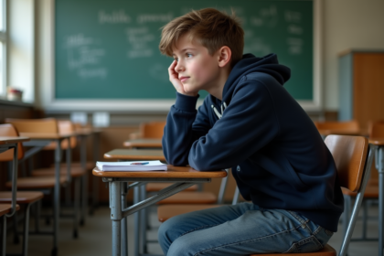 Adolescent assis à son bureau en classe avec un regard pensif