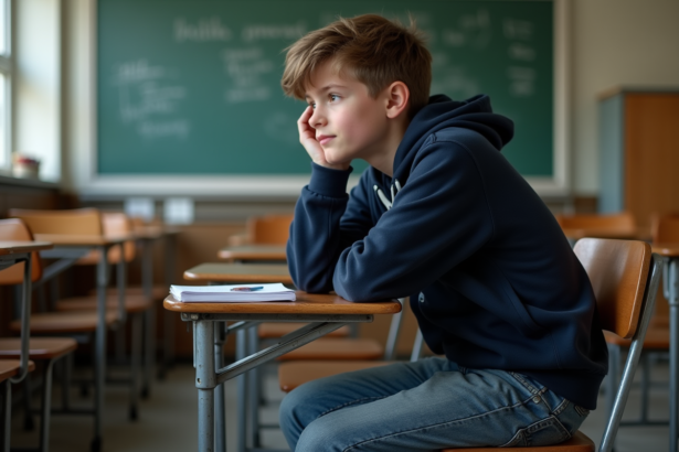 Adolescent assis à son bureau en classe avec un regard pensif