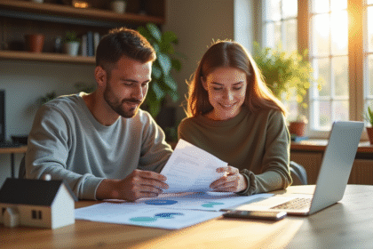 Jeune couple calculant un prêt immobilier à une table