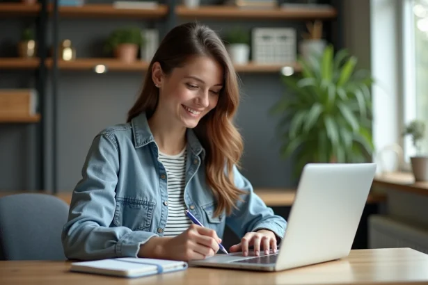 Jeune femme souriante utilisant une calculatrice en ligne au bureau