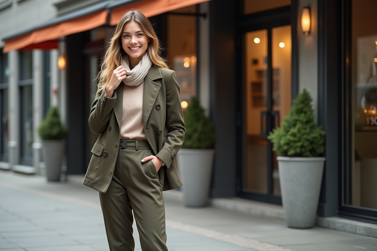 Jeune femme élégante en ville ajustant son foulard