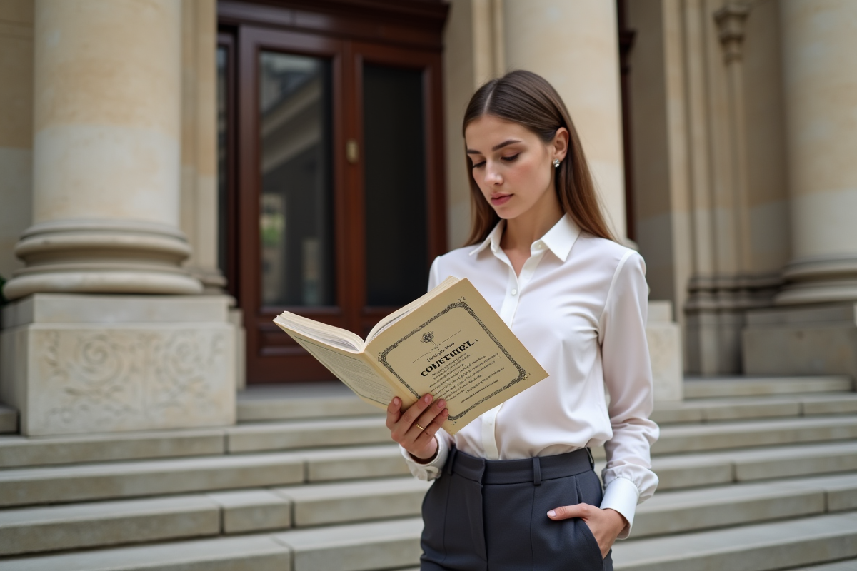 Jeune femme lisant un document devant un palais de justice