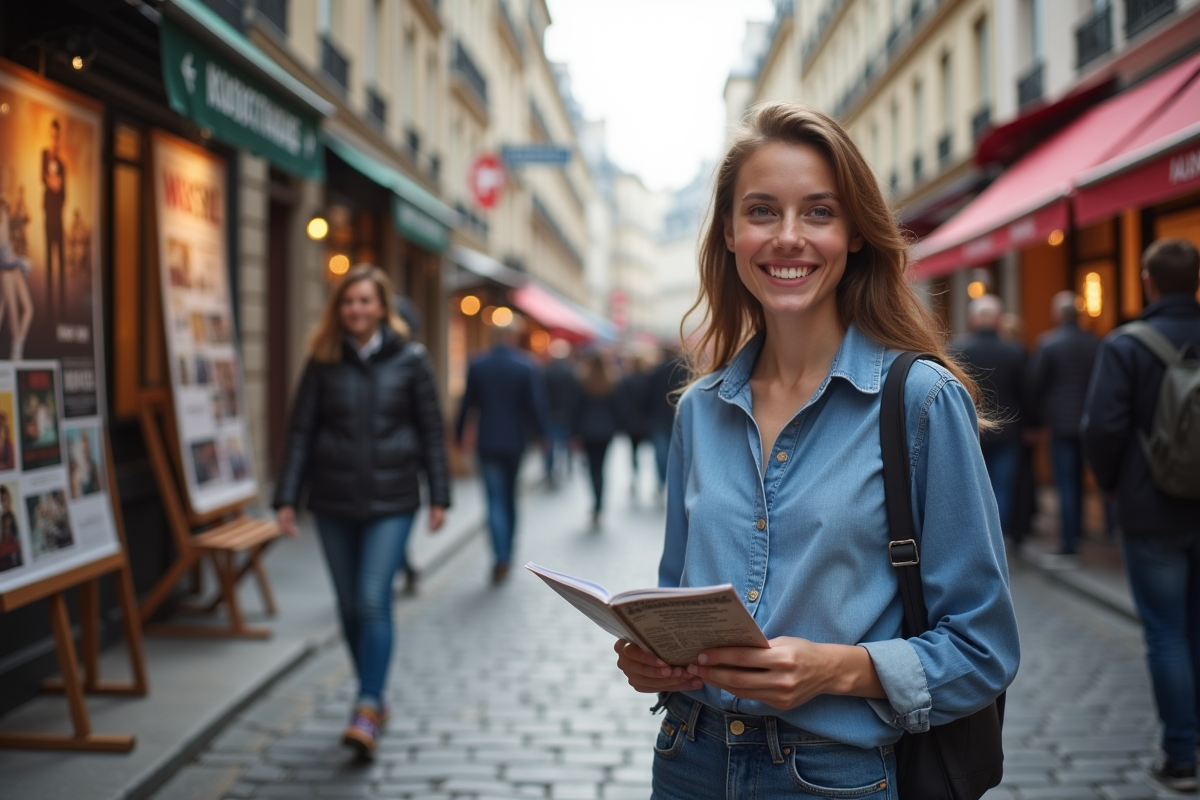 Jeune femme souriante devant affiches de films a Paris