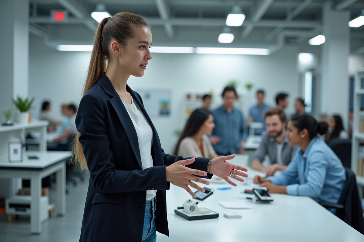 Jeune femme présentant un prototype dans un laboratoire technologique