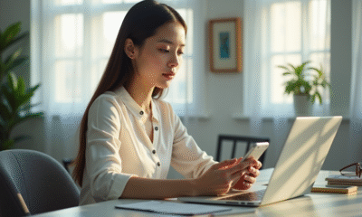 Jeune femme utilisant son ordinateur et smartphone pour vendre sur Vinted